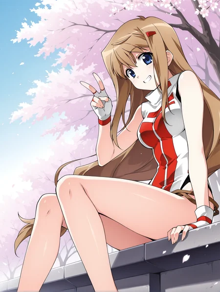 <lora:hiiragi-v2-illustrious-000050:1> akao, hairclip, sleeveless, fingerless gloves, bare legs, sitting, looking at viewer, v, grin, cherry blossoms, outdoors