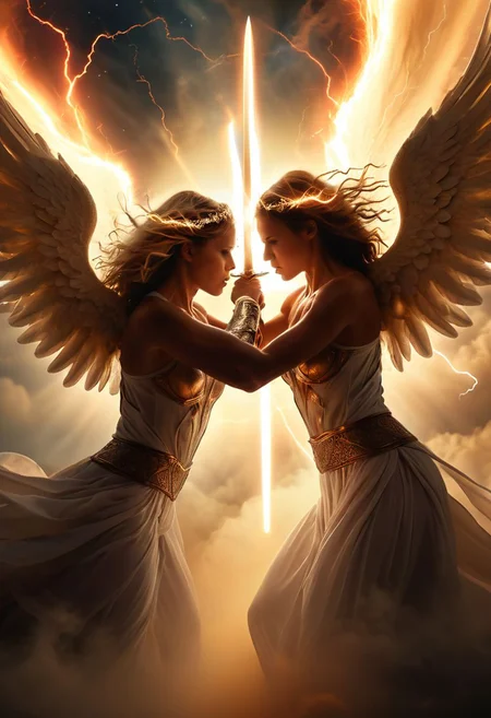 Duel, 2girls, angel girls, mud, clouds, lightning, detailed faces , fierce fight in a duel,
In the celestial realm, amidst clouds of ethereal light, two angels engage in a battle of cosmic proportions. Their wings, vast and majestic, unfurl with divine grace as they circle each other in a dance of combat. One radiates golden light, emanating an aura of righteousness and justice, while the other exudes an ominous darkness, cloaked in shadows born of rebellion.
Their swords clash with a thunderous resonance, each strike sending shockwaves through the celestial plane. Light and darkness intertwine, casting a mesmerizing display of colors across the heavens. The clash of their powers creates whirlwinds of energy, twisting and contorting the fabric of reality.
As the battle rages on, the angels exchange fierce blows, their determination unyielding. Each strike is imbued with the weight of eons, a testament to the ancient enmity that fuels their conflict. Sparks fly as their swords meet once more, a symphony of celestial fury echoing through the cosmos.
graphic style of novel comics, perfect hands, 2d,
8k, hyperrealism, masterpiece, high resolution, best quality, ultra-detailed, super realistic, Hyperrealistic art, high-quality, ultra high res, highest detailed, lot of details, Extremely high-resolution details, incredibly lifelike,