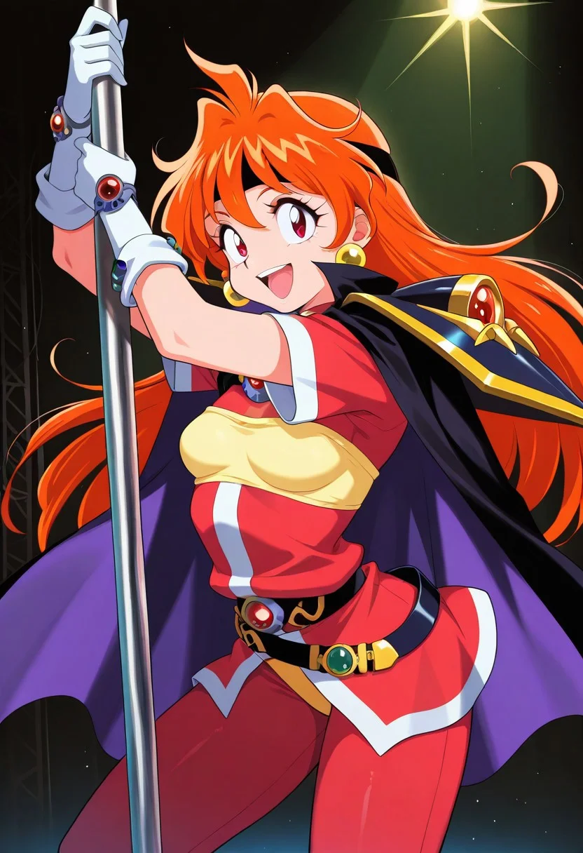masterpiece, best quality, amazing quality,
1girl, solo,
lina inverse, 1girl, orange hair, big eyes, red eyes,
happy,
earrings, jewelry, gloves, headband, yellow chest protector, red shirt, black shoulder armor, cape,red pants, belt,
pole dancing, pole, hands on pole,
neon, stage,