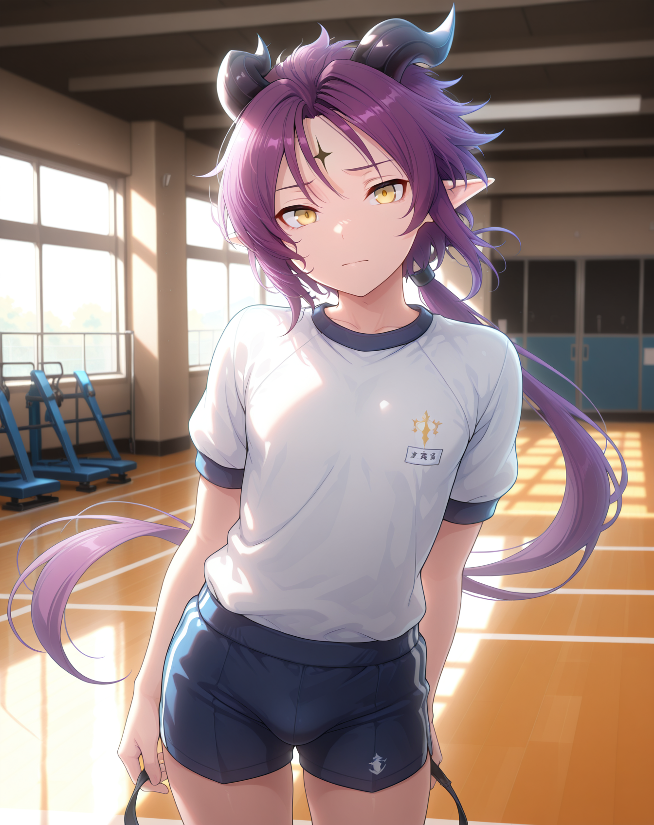 masterpiece,best quality,amazing quality, newest, very aesthetic, absurdres,
1boy, solo, yaoi, male focus, looking at viewer, cowboy shot, standing,
<lora:Veigas_Ruthless_Overlord_ilxl:1> veigasro, purple hair, pointy ears, forehead mark, low ponytail, yellow eyes, horns,
gym uniform, gym shorts, gym shirt,
indoors, gym,