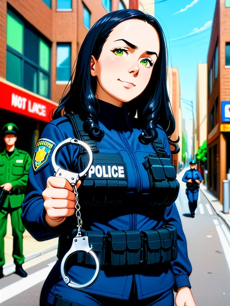 anime, illustration, best quality, (masterpiece:1.4), (high quality:1.4), sharp focus, 4k, absurd resolution, detailed hands, curly hair, long hair, (black hair:1.6), 1girl, mature female, (parted hair:1.7), (round face), (no_bangs:1.3), (no_fringe:1.6), <lora:ETO_OC_XL:0.7>, (thick eyebrows:0.9), (plump:0.8), round-chin, (greenish brown eyes), (brownish green eyes), caucasian, down-turned eyes, 1girl, (forehead:0.65), <lora:swat gear_xl:0.5> swat gear, black uniform, police, street, officers, soldier, military, officer,  showing handcuffs to viewer, you are going to be arrested, smirk, evil smile, Nickle Plated Double Lock handCuffs, handcuffs,