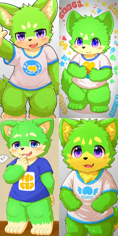 ((((sdgs4levelonerubili)))), 1boy, score_9, solo, furry, cute, kemono, <lora:levelonerubili-clean:1>, wearing t-shirt, rating_questionable, green fur, green body