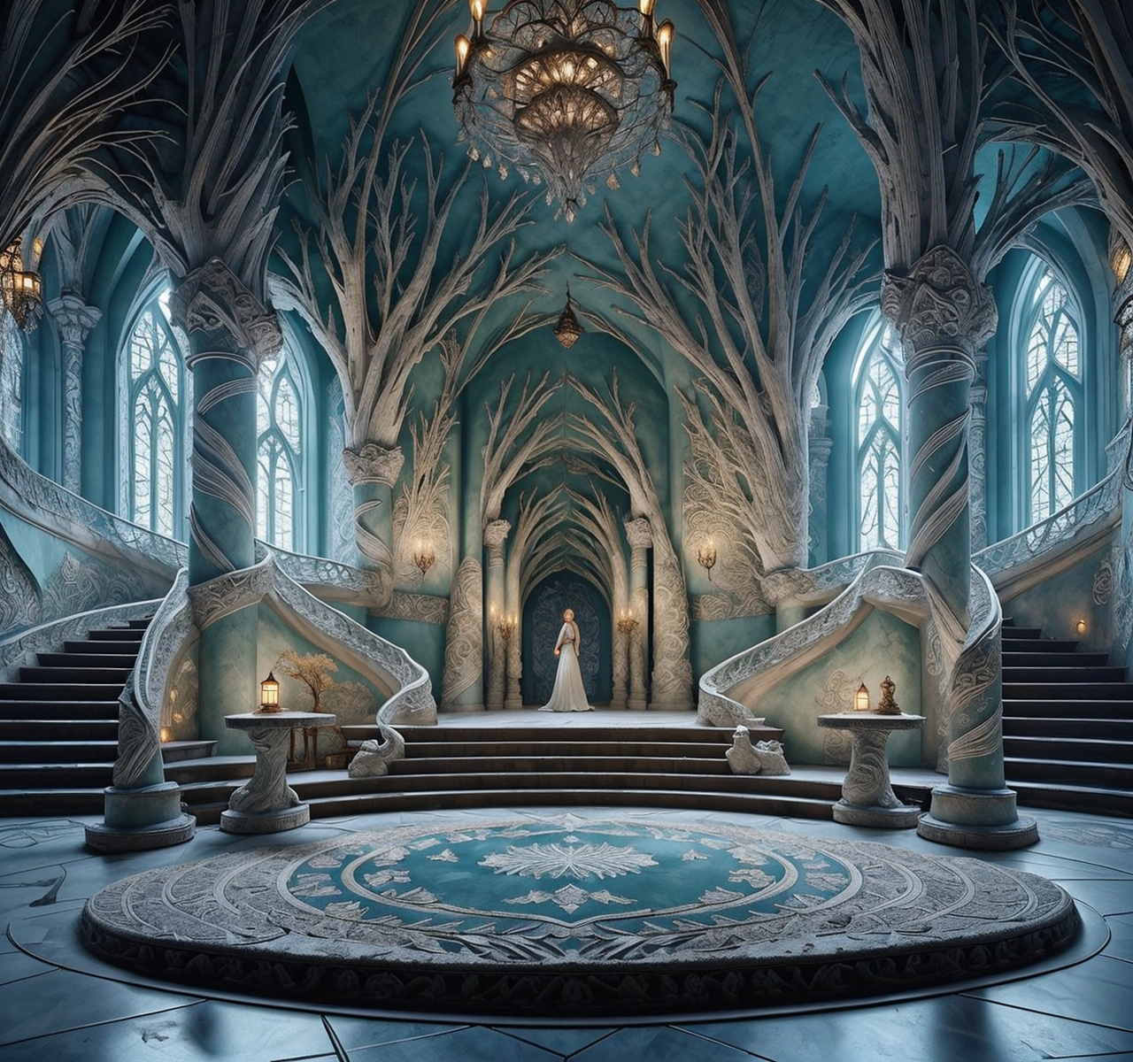 RAW photo, (masterpiece:1.3), subsurface scattering, heavy shadow, (high quality:1.4), (intricate, high detail:1.2), professional photography, HDR, High Dynamic Range, realistic, ultra realistic, photorealistic, high resolution, film photography, ambient lighting, atmospheric effects, <lora:detail_slider_v4:2>, OverallDetail,   <lora:ElvenInterior:1>, 1girl, blonde hair, blue dress, book, candle, candlestand, chair, chandelier, church, column, elfint, indoors, lantern, light rays, mountain, pillar, scenery, stairs, sunlight, tree, vase, window