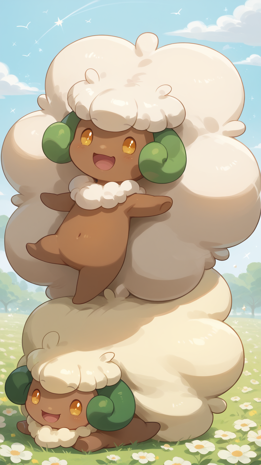 score_9, score_8_up, score_7_up, score_6_up, score_5_up, score_4_up, masterpiece, high quality,   whimsicott,  <lora:Whimsicott-:0.9> Whimsicott, pokemon, creature, girl, 1girl, lots of hair, excessive hair, white hair, tanned, ram horns, green horns, 1girl, whimsicott on shoulder, large breasts, loose shirt,  <lora:Microwaist_XL_v01:0.97> microwaist, narrow waist, small waist,