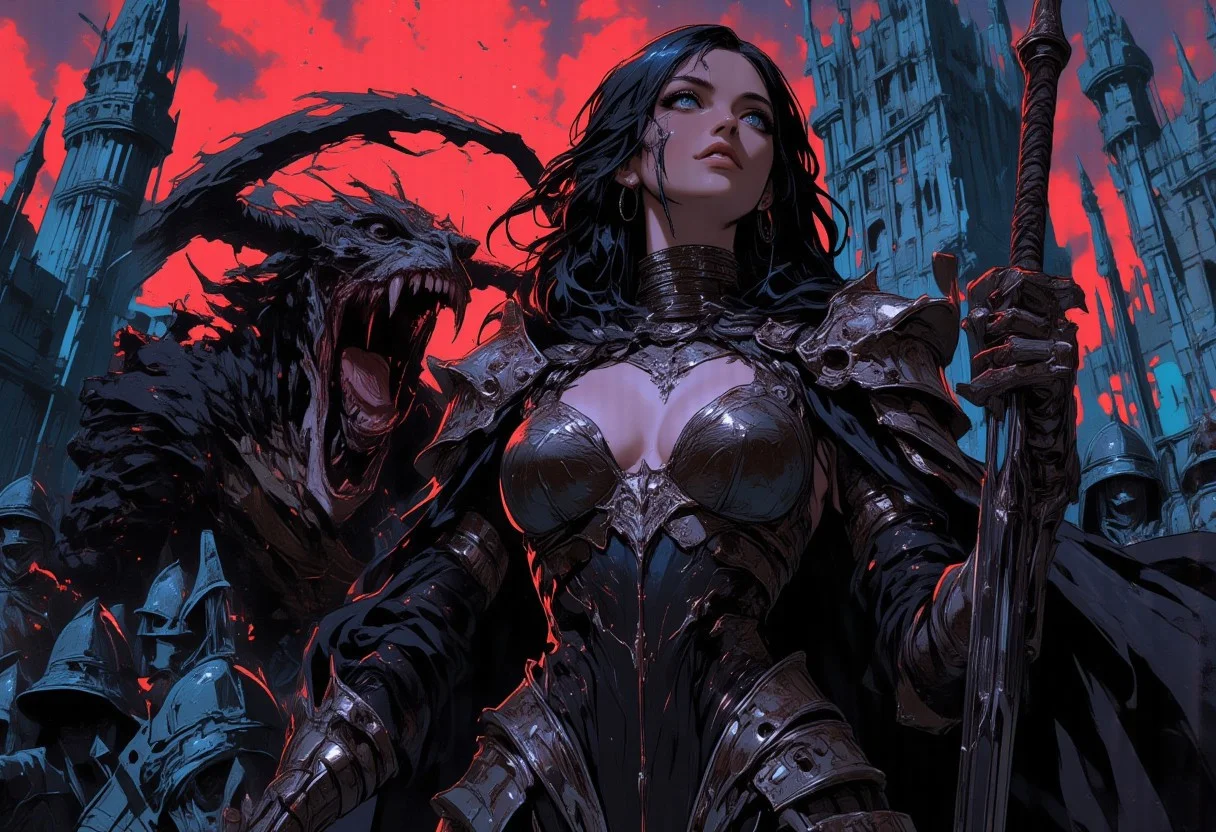 This is a highly detailed, dark fantasy digital painting depicting a dramatic scene set in a medieval castle. The central figure is a beautiful sexy woman, wearing dark, form-fitting armor with exposed breasts. Her expression is pleased, with a determined gaze. She holds a sword in her right hand, and her left arm is wrapped around a monstrous creature with a snarling, demonic face. The creature's mouth is wide open, revealing sharp, blood-stained teeth and a gaping maw, dripping with blood. The woman's armor is metallic and ornate, with a black cloak flowing behind her.
In the background, a group of armored knights and soldiers are visible, some of them looking towards the central figures with a mix of fear and awe. The castle walls are made of stone, with broken sections and crumbling architecture, suggesting a battle-ravaged environment.
The sky is vibrant, red clouds, casting a bright light over the scene. The overall color palette is dominated by crimson,dark blue, and cyan, enhancing the fantasy and breathtaking atmosphere. The textures are highly detailed, from the rough stone of the castle to the smooth, polished metal of the armor.
best quality,masterpiece, detailed, UHD, lots of fine detail,award-winning,vibrant,saturated,vibrant neon colors,deep rich color,disturbing,hdr,
high resolution,bright lit,glow,reflections