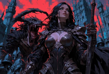 This is a highly detailed, dark fantasy digital painting depicting a dramatic scene set in a medieval castle. The central figure is a beautiful sexy woman, wearing dark, form-fitting armor with exposed breasts. Her expression is pleased, with a determined gaze. She holds a sword in her right hand, and her left arm is wrapped around a monstrous creature with a snarling, demonic face. The creature's mouth is wide open, revealing sharp, blood-stained teeth and a gaping maw, dripping with blood. The woman's armor is metallic and ornate, with a black cloak flowing behind her.
In the background, a group of armored knights and soldiers are visible, some of them looking towards the central figures with a mix of fear and awe. The castle walls are made of stone, with broken sections and crumbling architecture, suggesting a battle-ravaged environment.
The sky is vibrant, red clouds, casting a bright light over the scene. The overall color palette is dominated by crimson,dark blue, and cyan, enhancing the fantasy and breathtaking atmosphere. The textures are highly detailed, from the rough stone of the castle to the smooth, polished metal of the armor.
best quality,masterpiece, detailed, UHD, lots of fine detail,award-winning,vibrant,saturated,vibrant neon colors,deep rich color,disturbing,hdr,
high resolution,bright lit,glow,reflections