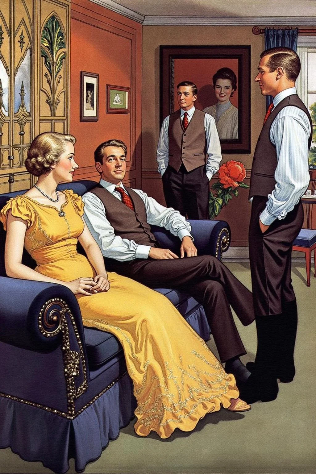 car1ar painting.
There are five people, four men and one woman, gathered around a plush, dark
blue sofa. A blonde woman, seated on the sofa, wears a bright yellow evening gown, her hair styled in a classic bob. She appears relaxed and engaged, looking at the man sitting closest to her.
Two men are sitting on the sofa beside her, while two other men are standing.
The men are dressed in formal attire from the 1940s, including suits, ties, and vests.
<lora:car1ar1_cap_d6a3:1.0><lora:825498302326809996:0>