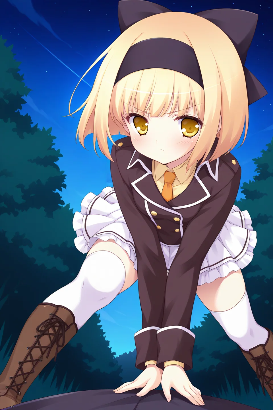 masterpiece, best quality, absurdres, official art, official style, rating general BREAK,
<lora:iriswindsor_IL_v1-2:0.7>, iris windsor, 1girl, solo, yellow eyes, eyelashes, blonde hair, short hair, blunt bangs, bob cut, small breasts,
black hairband, black bow, hair bow, military uniform, brown jacket, blazer, long sleeves, yellow shirt, collared shirt, buttons, white back bow, white skirt, layered skirt, miniskirt, pleated skirt, frilled skirt, zettai ryouiki, white thighhighs, brown footwear, knee boots, cross-laced footwear, lace-up boots, blush, looking at viewer, expressionless, closed mouth, outdoors, dynamic pose, fighting stance, leaning forward, v-shaped eyebrows, serious, angry, night sky, starry sky, dark