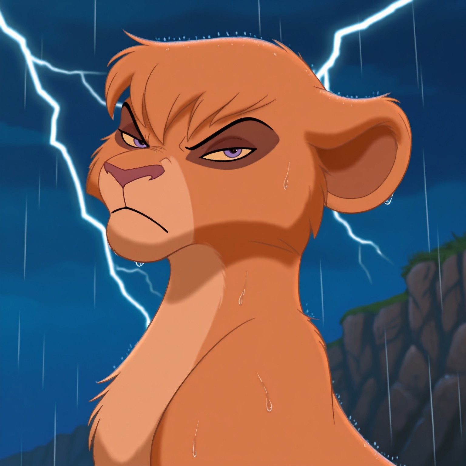 8k, uncensored, masterpiece, best quality, highly detailed, realistic, 1girl, solo, VitaniTLK, furry, feral, feline, lioness, brown hair, short hair, yellow sclera, purple eyes, black pupils, dark-pink nose, brown body, brown fur, tan body, tan fur, two tone body, two tone fur, (rain, night, blue sky, cliff, gravel, detailed background, side view, upper body, narrowed eyes, closed mouth, (wet, frown angry), lightning, (((looking at viewer)))