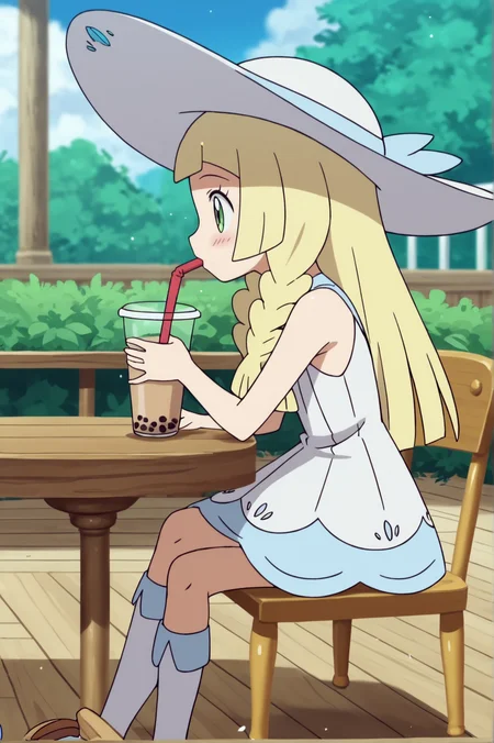score_9, score_8_up, score_7_up,anime_source, source_anime, best background, detailed background, anime screencap, Lillie, Main Outfit, sun hat, indoors, blush, happy, dynamic angle, dynamic pose, drinking, outdoors, soft particles, sitting, crossed legs, table, bubble tea, <lora:JN_Lillie:0.8>