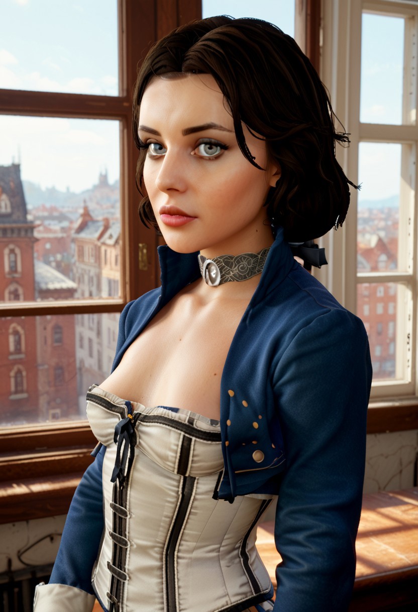score_9, score_8_up, score_7_up bioshock elizabeth looking out the window wearing a corset and a blue jacket looking at viewer  eliz posh