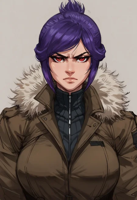 score_9, score_8_up, score_7_up, beatyfull color, aesthetic, 
yoji_shinkawa, sketch,
close-up shot,
solo, 
1girl,
sabia, human, purple hair, red eyes, folded ponytail,
trenchcoat, black fur trim,
large breasts, 
closed mouth, serious, looking at viewer,