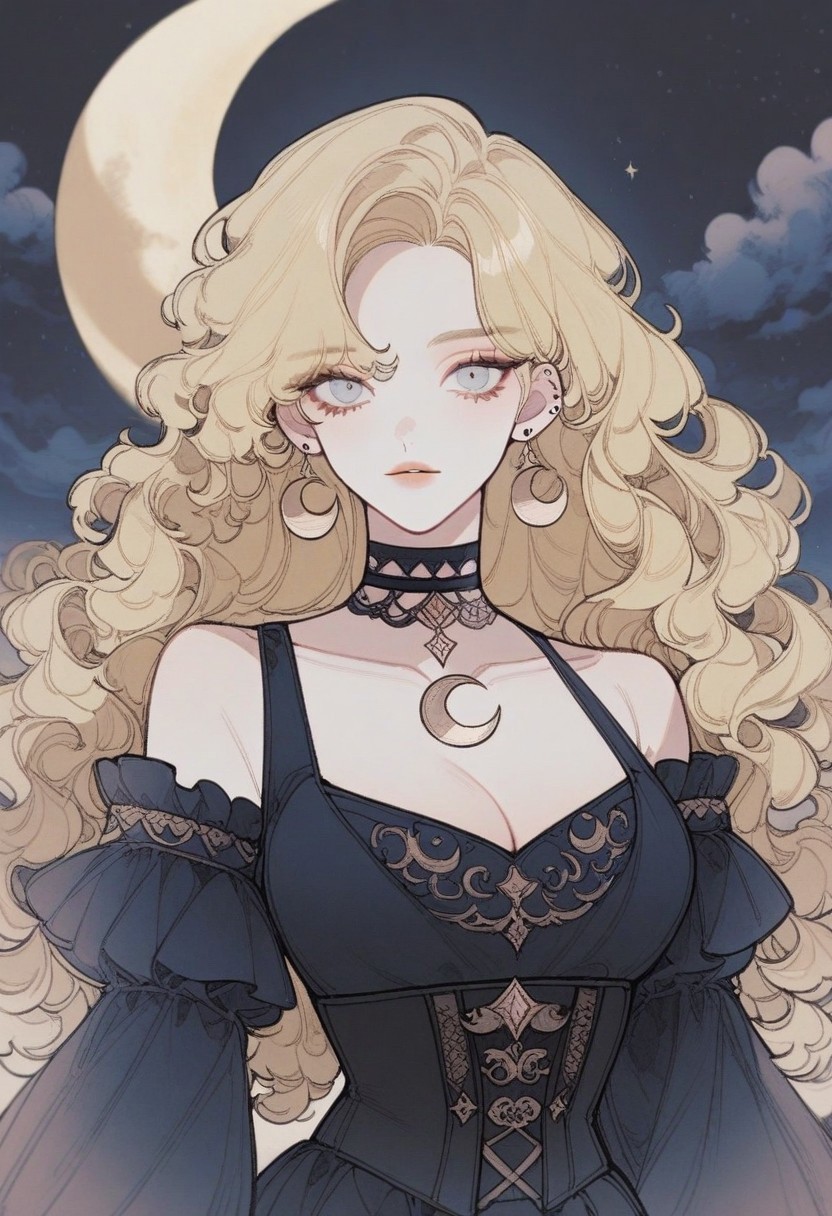 c4nv4sStyl3_v1, 1girl, breasts, solo, blonde hair, long hair, moon, jewelry, cleavage, detached sleeves, looking at viewer, wavy hair, night, choker, corset, crescent moon, sky, earrings, frills, dress, bare shoulders, curly hair, night sky, outdoors, upper body, collarbone, medium breasts, lips, large breasts, gem, cloud