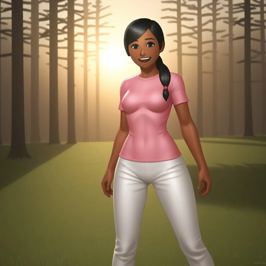 score_9, score_8, BREAK, solo, wii, mii, wii sports, 1girl, female mii, black eyes, black hair, black eyebrows, dark skin, open mouth, pink clothing, white pants, sneakers, nintendo mii, modern_mii, classic_mii, breasts, sakura_(wii_sports), cute, sexy pose, smile, outdoors, sunlight, shadows, evening lighting, natural lighting, forest, trees, grass, orange sky, sunset