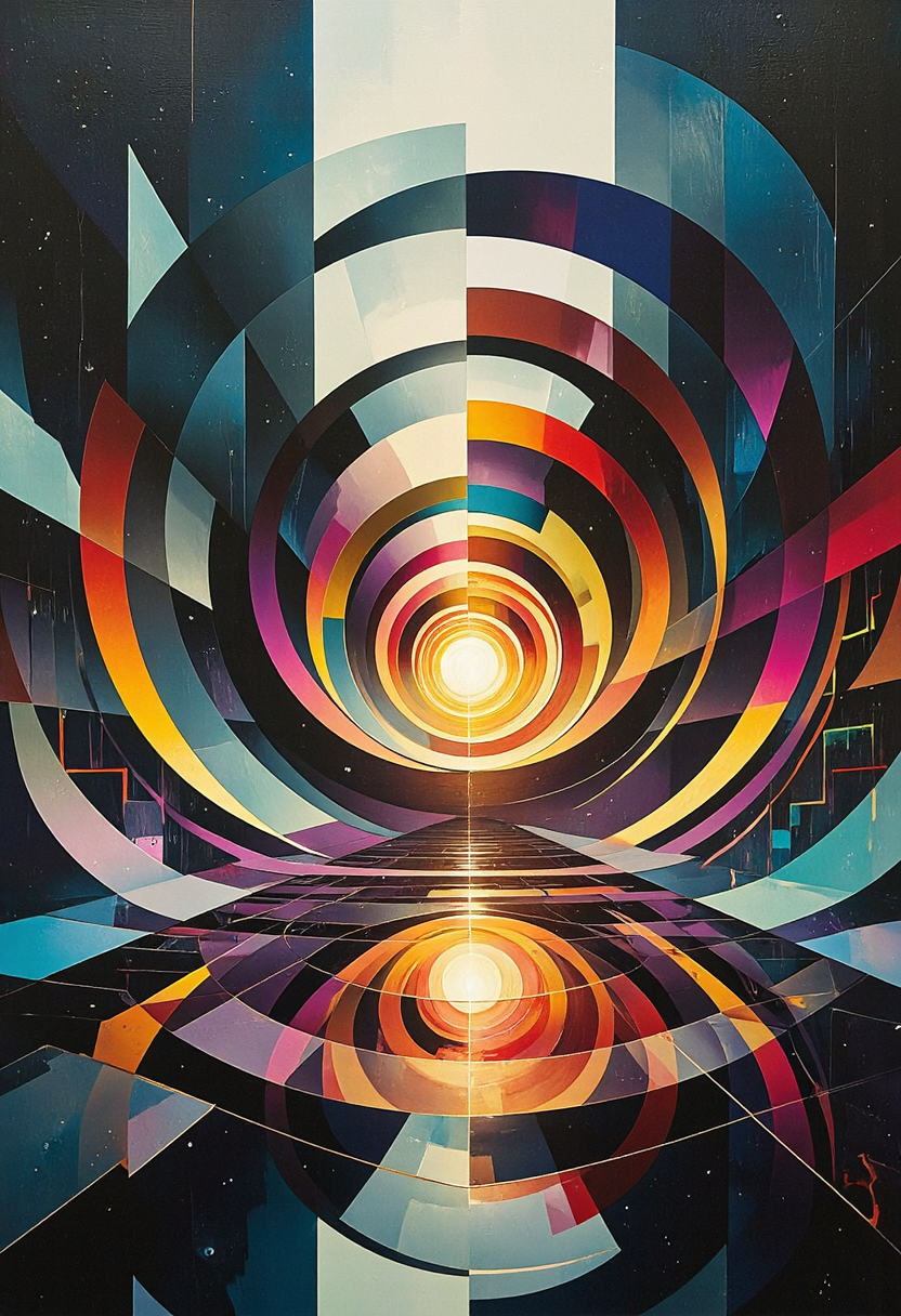 <lora:Pieper-Geometrics-Afterlife:0.8>,Op Art based on spiral shapes, The painting features an abstract, scene with spiral shapes and sharp colors. It has a balance of warm and cool tones, with a dominant use of grays and blacks. The image is reflective, showcasing the artist's skill in playing with light and shadow. The soft lighting and defocused elements create a sense of depth and mystery within the composition, Geometric Shapes, light fill the shapes becoming more and more transparent and brilliant. patterns dance and constrict and pulse.,