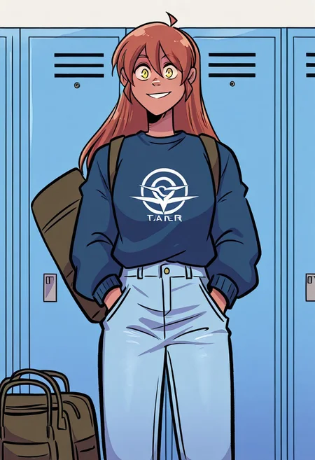 tara (character), 1girl, solo, long hair, hands in pockets, pants, ahoge, locker, bag, yellow eyes, jeans, looking at the viewer, smile