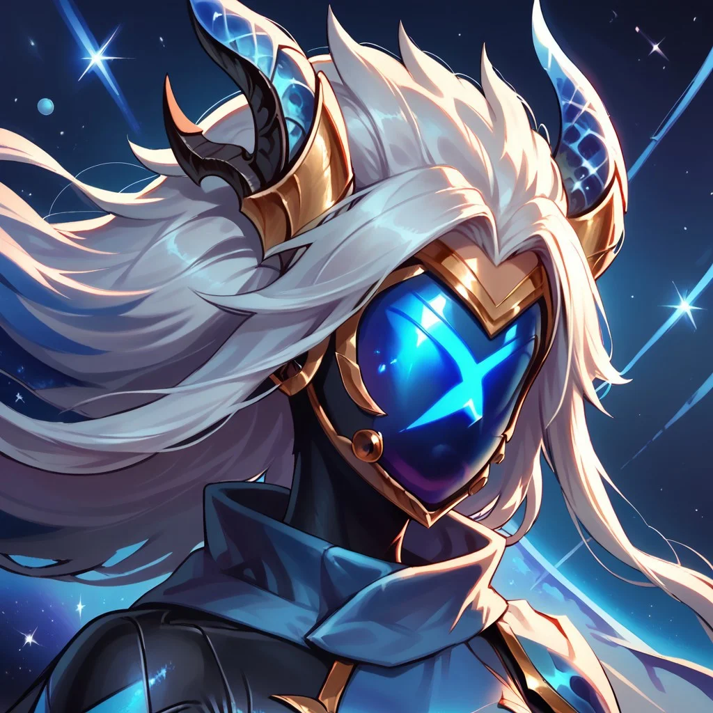 score_9, score_8_up, score_7_up, ultra quality, dutch angle, smooth outlines, solo, 1girl, Drxkin, dragon horns, long hair, white hair, multicolored bodysuit, black bodysuit, blue bodysuit, scarf, shoulder cape, x shape helmet, mask, faceless, detailed, portrait, nebula, space