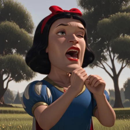 masterpiece, best quality, newest, absurdres, highres,1boy ,Lord-Farquad-IL-V1.0,snow_white_(disney)_(cosplay),blue dress, puffy short sleeves,SnowWhiteXL, hair bow, hair band, makeup, red lips,((one_eye_closed)), open mouth,singing,upper_body,tree,outdoor,3d,