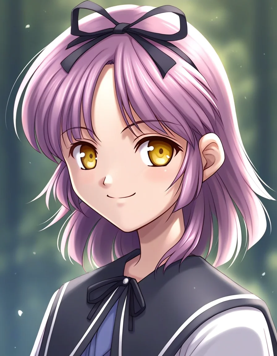 score_9, score_8_up, score_7_up, source_anime, rating_explicit, BREAK <lora:Renne_Bright_XL:1> Renne_Bright, purple hair, medium hair, yellow eyes, hair ribbon, black ribbon,
smile,
looking at viewer,
cowboy_Shot,