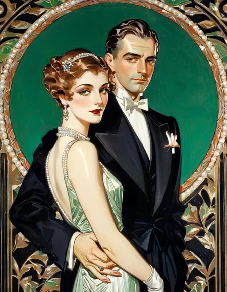 JCLeyendecker Art Deco-style portrait features a woman and a man in an ornate frame, set against a dark background with soft, diffused lighting. The woman is positioned on the left side of the frame, shown from the waist up. She has short, curled brown hair, red lips, and fair skin. Her eyes are closed, suggesting a reflective or dreamy state. She is adorned with a pearl necklace and matching pearl drop earrings. She wears a sleeveless, golden-colored dress that accentuates her slim figure. Her arms and hands are delicately posed, resting in her lap. To the right and slightly above her, is a man's head and torso, dressed in formal evening attire. He wears a black tuxedo jacket with tails, a white waistcoat, and a bow tie. His facial expression is serious, with a hint of detachment or concern. A flower boutonniere adorns his lapel. The figures are encased within an elaborate, dark brown Art-Deco style frame. The frame is intricately designed with curved shapes and floral details, adding a sense of luxury and sophistication to the overall composition. At the lower front of the frame is what appears to be a gold-colored key mechanism. Behind the figures, near the bottom edge of the frame, is a stylized depiction of leaves. At the top left of the man is a wall sconce with a green lampshade. The background is a dark, solid color, which contrasts with the lighter tones of the figures and draws attention to their features. The lighting is soft and diffused, creating a subtle sense of depth and intimacy. The portrait combines elements of glamour and sophistication, characteristic of the Art Deco era. The combination of the woman in her elegant dress and the man in his formal attire, all set within the ornate frame, contributes to the artwork's overall aesthetic appeal.<lora:JCLeyendecker1-000001:1>