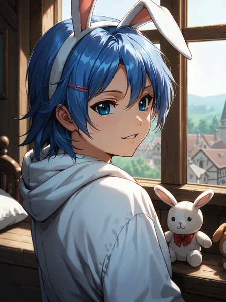 (upper body, solo focus:1.2) <lora:happy_tentacle-junko-v0.2:1>, ht_junko, blue hair, blue eyes, (petite:1.2), <lora:Shed_The_Skin's StS_age_slider_v1_initial_release:-1.5> ( :1.1) ( ( head tilt :0.8) , , (happy :1.2) , parted lips , (looking at another:1.2) :1) indoors, ((dawn :0.6), (blue sky:0.6) :0.8), ( window :0.9), (furniture:0.9), , (sidelighting:0.5), (light rays, light particles:0.5) , , , (medieval :0.9), bedroom, stuffed animals, plushies, rabbit costume, animal hood, onesie ((from behind :1.2) :0.8) score_9, score_8_up, score_7_up, score_6_up, score_5_up, score_4_up, ( [(realistic, photorealistic:1.3):(realistic:1.2):14] [(3d:1.2)::12] [:anime coloring:10] :1) <lora:LUUNA's Lunas-NijiJourney-SDXL-B2:0.35>, nijijourney <lora:prgfrg23's Counterfeit-V3.0 Style SDXL_LoRA_Pony Diffusion V6 XL:0.6> <lora:mfcg's mfcgXL:0.12> <lora:reweik's gyokai(himehajime)_PonyXL_style_v01:0.14>
