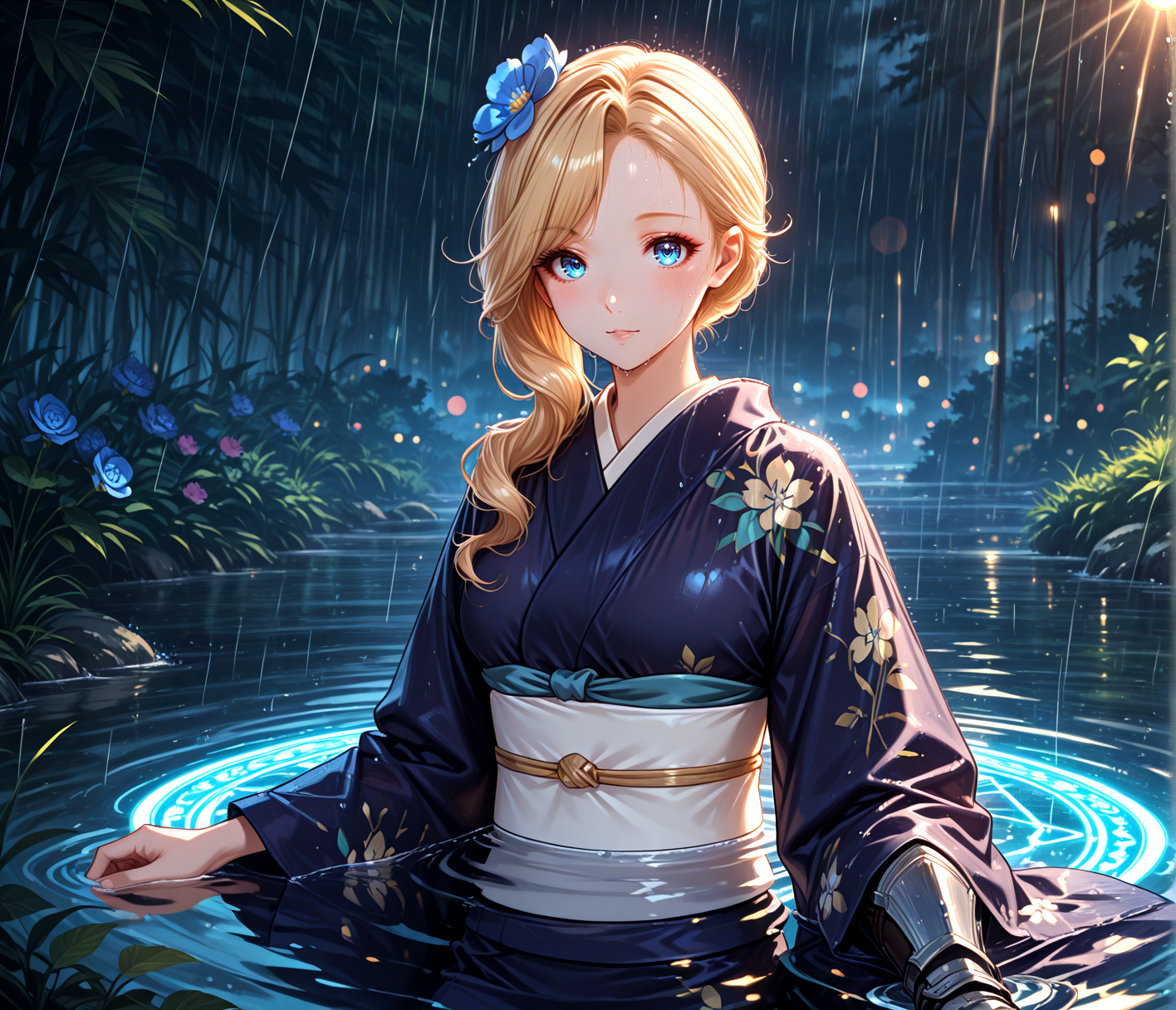 masterpiece, best quality, anime,  BREAK 1girl, solo,( looking at viewer, ),arise from water, flower, gauntlets, glowing,  magic circle, ripples, (rain:1.6),rainbow, solo, (bathing:1,6), (partially submerged:1.6),  <lora:RealisticAnimeIXL:0.5> bokeh, luminescent background, <lora:Dramatic Lighting Slider:4>
 <lora:Tyber_Hood_AL:1> hair over shoulder, long hair, blue eyes, blonde hair, swept bangs,h0dkimono, blue kimono, white sash, long sleeves, wide sleeves, hair flower, floral print,