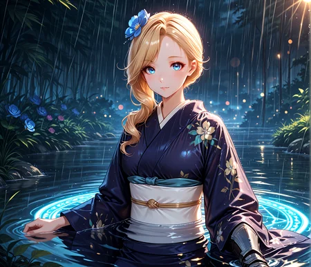 masterpiece, best quality, anime, BREAK 1girl, solo,( looking at viewer, ),arise from water, flower, gauntlets, glowing, magic circle, ripples, (rain:1.6),rainbow, solo, (bathing:1,6), (partially submerged:1.6), <lora:RealisticAnimeIXL:0.5> bokeh, luminescent background, <lora:Dramatic Lighting Slider:4>
<lora:Tyber_Hood_AL:1> hair over shoulder, long hair, blue eyes, blonde hair, swept bangs,h0dkimono, blue kimono, white sash, long sleeves, wide sleeves, hair flower, floral print,