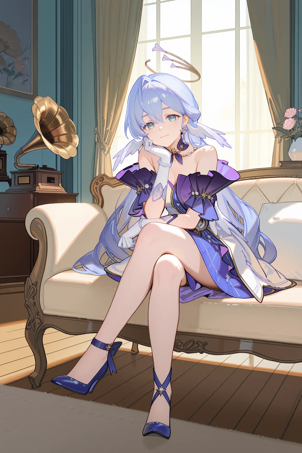 1girl, solo, robin \(honkai: star rail\), halo, head wings, earrings, detached collar, sleeveless dress, detached sleeves, white gloves, blue pumps, full body, looking at viewer, light smile, sitting, crossed legs, phonograph, living room, wooden table, on couch, window, backlighting, curtains, flower, hand on own chin <lora:Char-HonkaiSR-Robin-V2-IL:0.9:hr=0.7>, kanzaki hiro, ciloranko, alphonse \(white datura\), (ask \(askzy\), gomzi, you shimizu: 0.7)
masterpiece, best quality, amazing quality, very aesthetic, absurdres, newest, (scenery, volumetric lighting), ray tracing, (bloom:1.4), cinematic