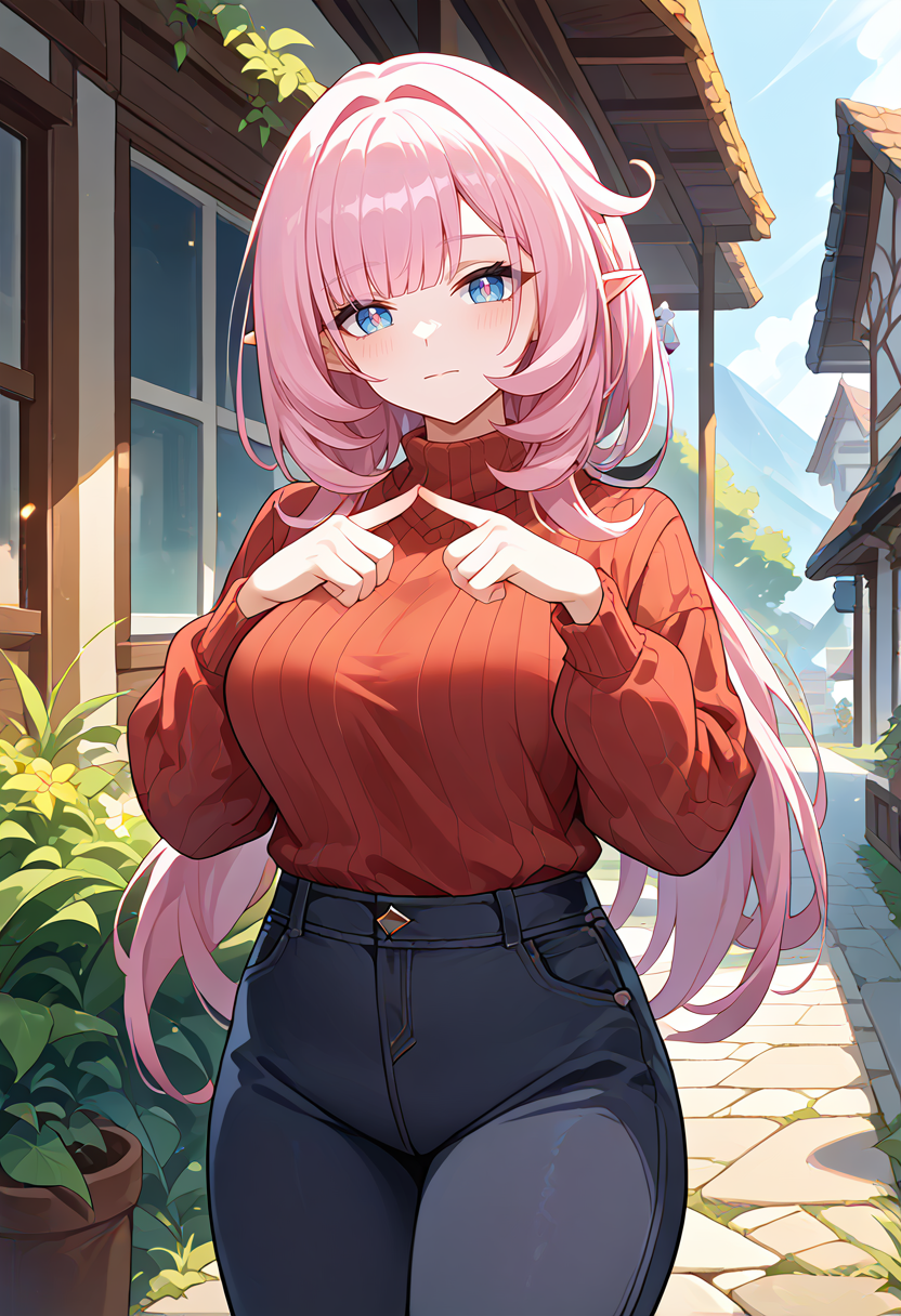 score_9,score_8_up,score_7_up,score_6_up,score_5_up,score_4_up,
1girl, sweater, pants, long hair, elysia \(honkai impact\), pointy ears, closed mouth, mature female, breasts, 
solo, outdoors, cowboy shot, index fingers together,
<lora:indexfingertogether1-10:1> <lora:elysia2:1>
