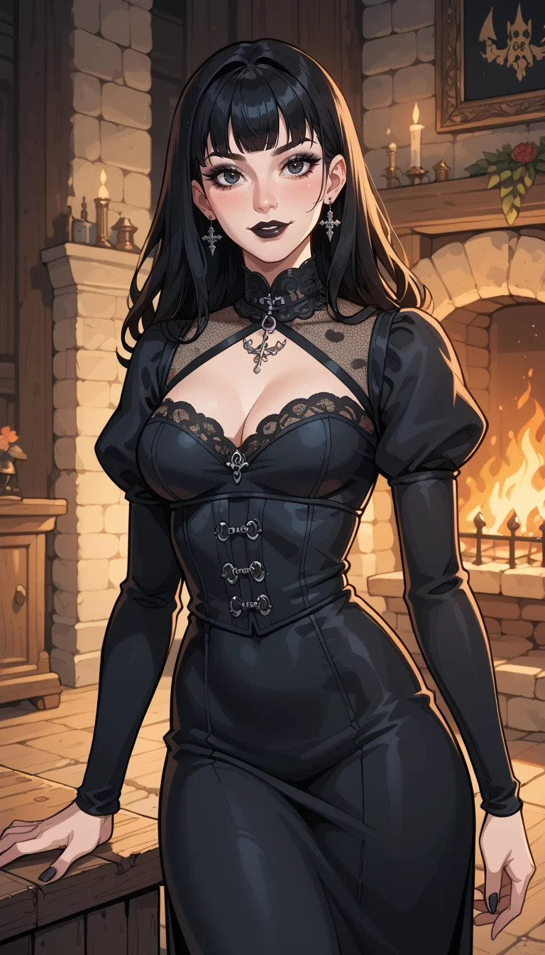 score_9, score_8_up, score_7_up, Western Comics, Cowboy Shot, girl, gothic, cute, seductive, innocent, light smile:0.3, plump lips, slender body, pale skin, long straight black hair, bangs, black goth dress, medieval theme, fire in the fireplace background, depth of field, dynamic angle, fashion photography, sharp, hyperdetailed:1.15