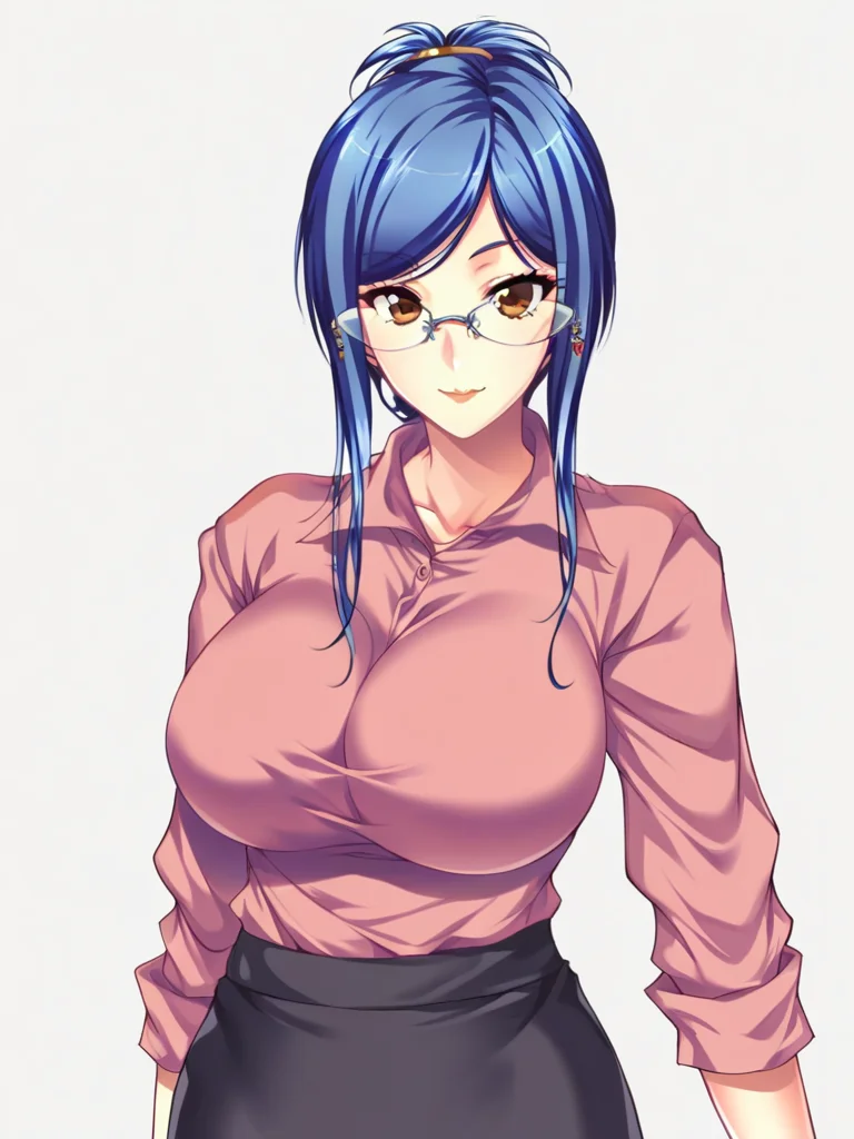 score_9, score_8_up, score_7_up,
1girl, jougasaki saeko, blue hair, folded ponytail, large breasts, brown eyes, glasses, pink shirt, long sleeves, black skirt,
looking at viewer, smile, closed mouth,
standing, upper body,
white background, solo,