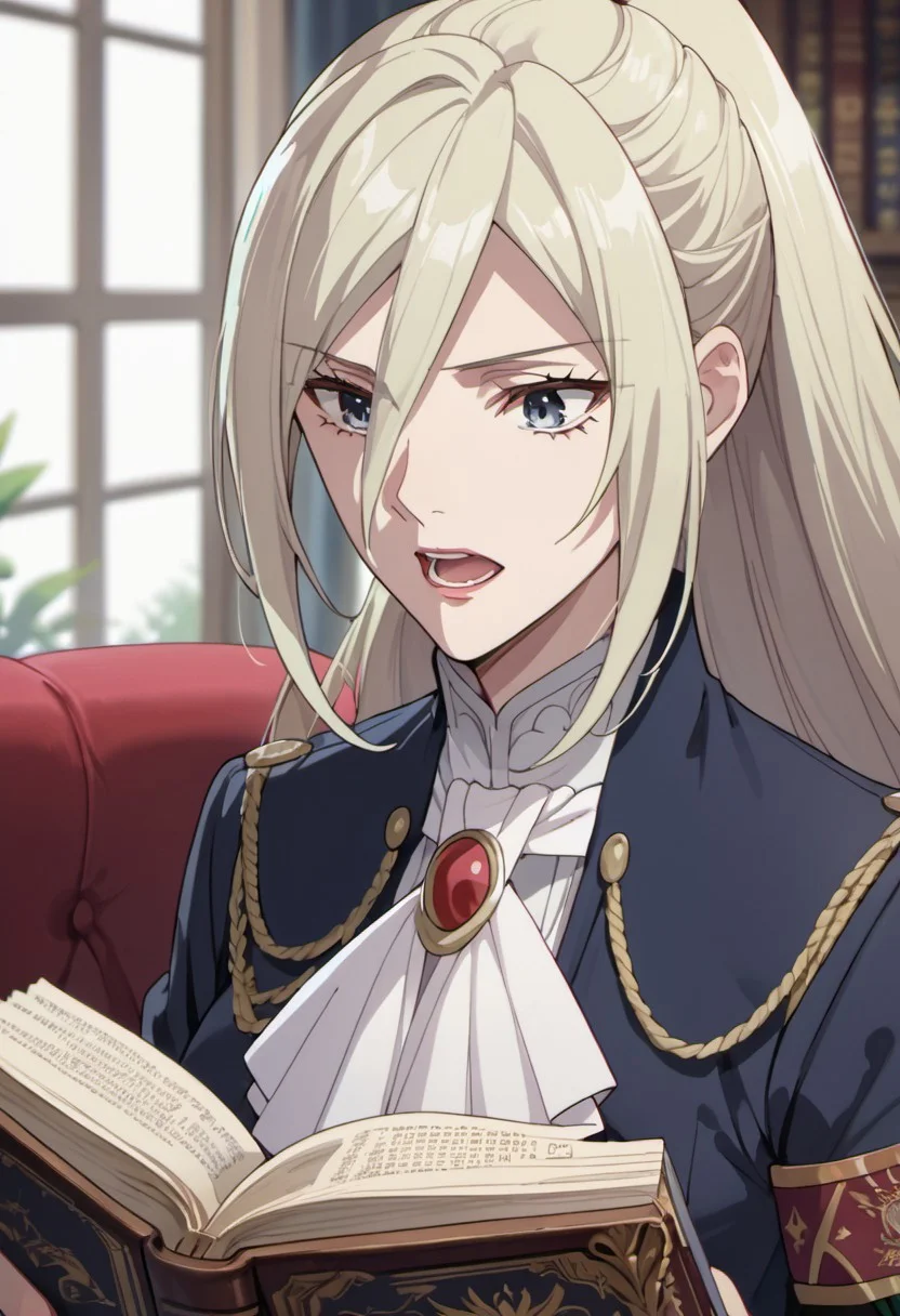 score_9, score_8_up, score_7_up, source_anime, elynsia teos rave, long hair, light blonde hair, grey eyes, 1girl, solo, ponytail, open mouth, hair between eyes, blue eyes, uniform, book, white ascot, ascot