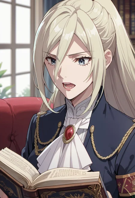 score_9, score_8_up, score_7_up, source_anime, elynsia teos rave, long hair, light blonde hair, grey eyes, 1girl, solo, ponytail, open mouth, hair between eyes, blue eyes, uniform, book, white ascot, ascot