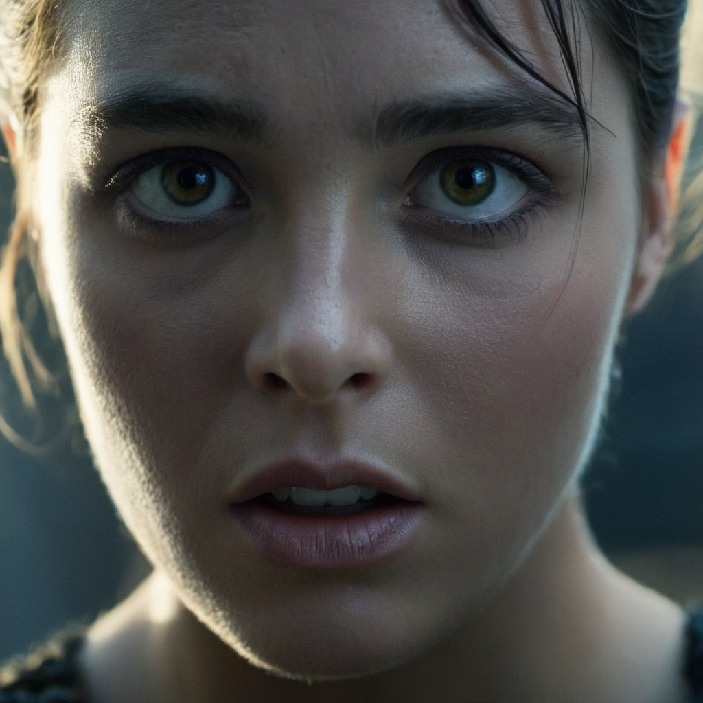Dark Fantasy Art of  <lora:Kodak Motion Picture Film Style:1.2>
An Oscar winning movie for Best Cinematography a woman with a surprised look on her face stares at the camera Kodak Motion Picture Film Style, dark, moody, dark fantasy style