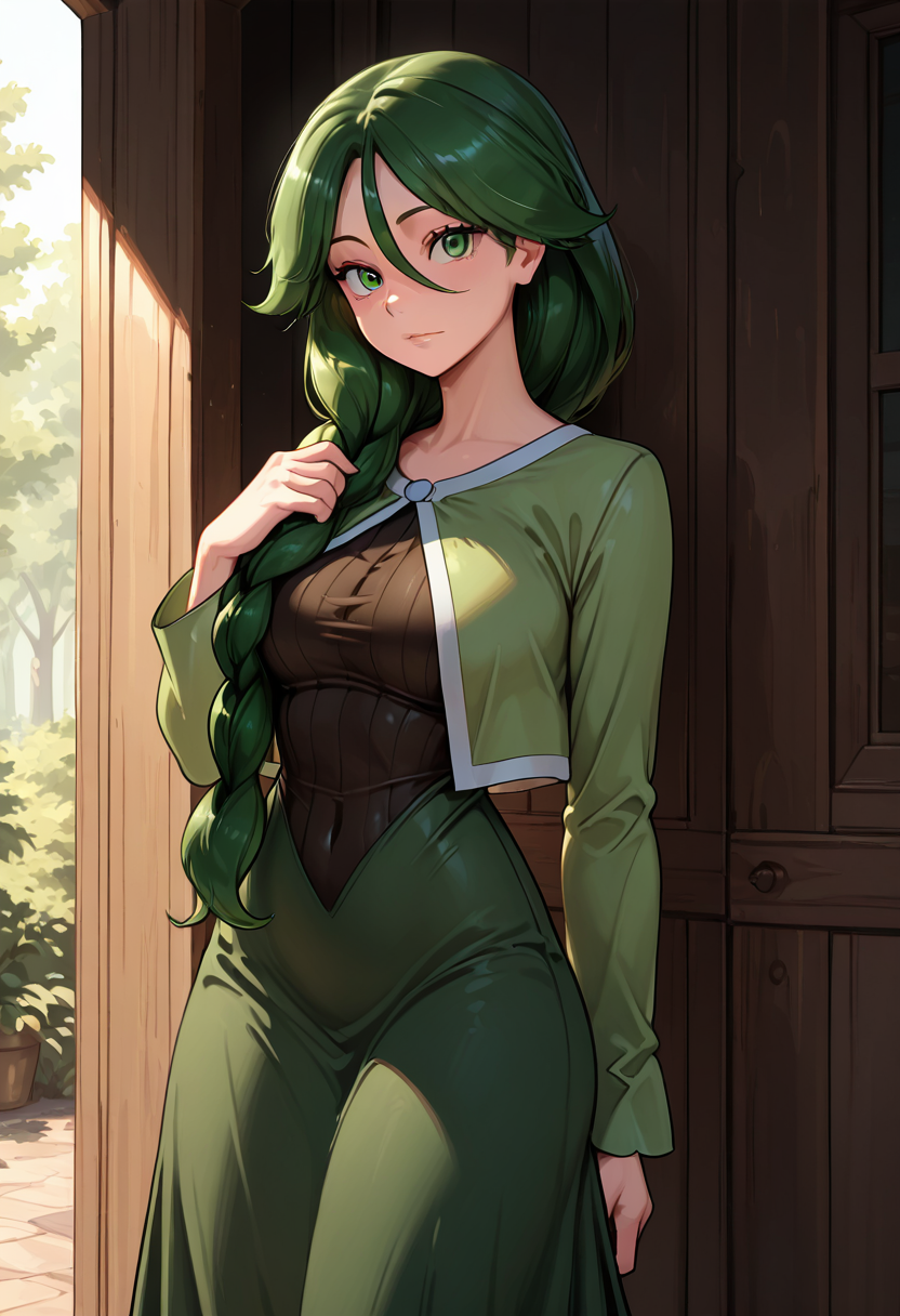 masterpiece, best quality, 1girl, solo, eyelashes, (beautiful eyes),      zzCheryl, green eyes, single braid, hair over shoulder, green jacket, long dress,  ,<lora:CherylPokemon_IXL_v2:1.0>,