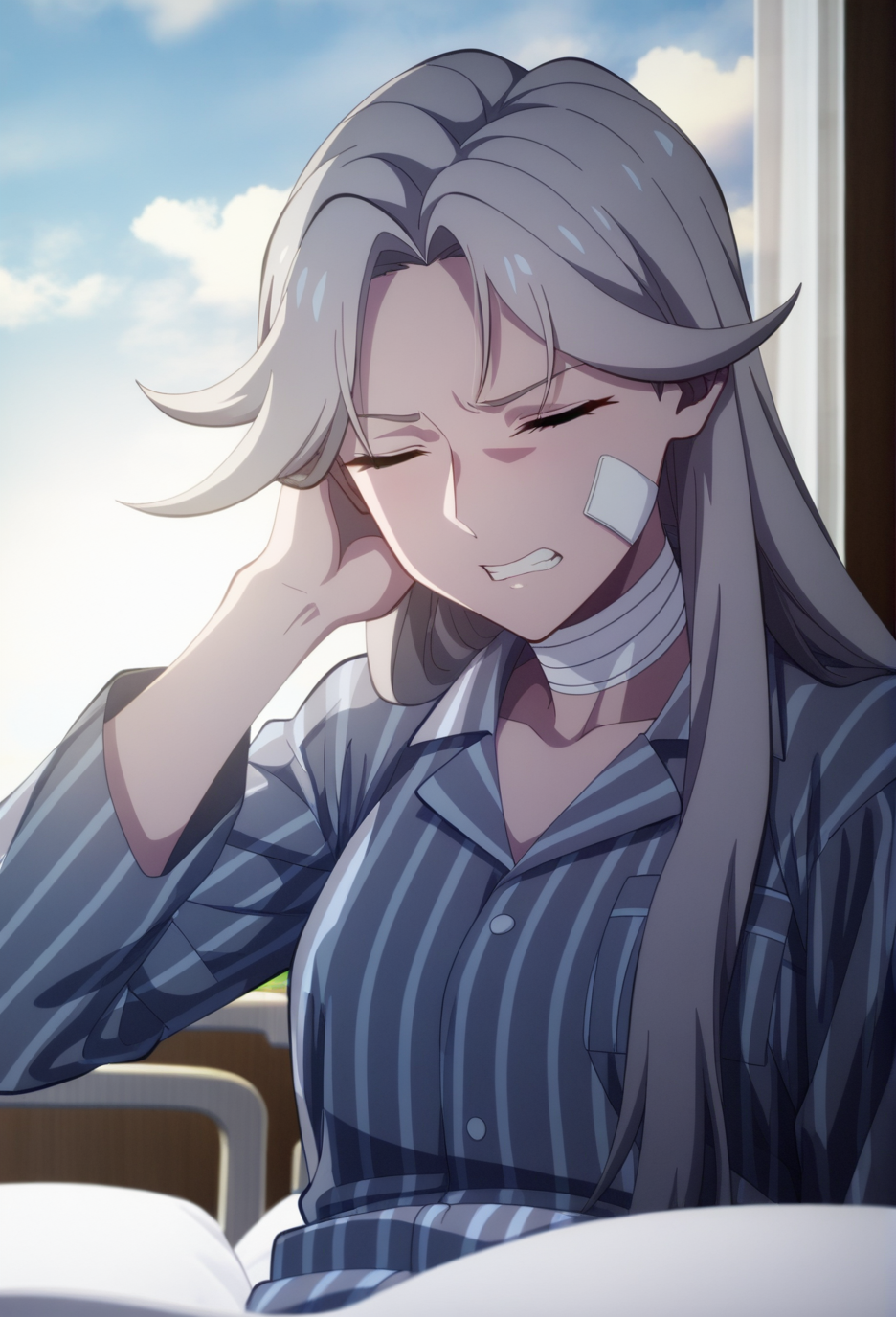 official style,(anime coloring:1.6),(anime screencap) masterpiece,masterpiece,very aesthetic,
absurdres,highres,
mature female,slim figure,medium breasts,<lora:detailed hand focus style illustriousXL v1:0.5>,detailed,
light grey background,solid background,gradient background,backlighting,cinematic_angle,1girl,solo,
sunrise,blue sky,cloud,dynamic angle,
<lora:To Be Hero X-QueenV1-Nuclear1811-IL>,Queen-Liu,yellow eyes,grey hair,long hair,bangs,ch4,ch4 bandages,ch4 bandaged neck,ch4 bandaid,ch4 bandaid on face,ch4 pocket,ch4 breast pocket,ch4 patient gown,ch4 pajamas,ch4 shirt,ch4 blue shirt,ch4 collared shirt,ch4 buttons,ch4 striped,ch4 striped shirt,ch4 pinstripe pattern,ch4 vertical stripes,ch4 long sleeves,ch4 bandaged arm,ch4 pants,ch4 blue pants,ch4 striped pants,ch4 barefoot,ch4 slippers,ch4 white footwear,ch4 white slippers,closed eyes,hospital bed,leaning on bed,teeth,bandaid,clenched teeth,upper body,