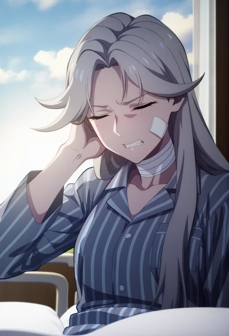 official style,(anime coloring:1.6),(anime screencap) masterpiece,masterpiece,very aesthetic,
absurdres,highres,
mature female,slim figure,medium breasts,<lora:detailed hand focus style illustriousXL v1:0.5>,detailed,
light grey background,solid background,gradient background,backlighting,cinematic_angle,1girl,solo,
sunrise,blue sky,cloud,dynamic angle,
<lora:To Be Hero X-QueenV1-Nuclear1811-IL>,Queen-Liu,yellow eyes,grey hair,long hair,bangs,ch4,ch4 bandages,ch4 bandaged neck,ch4 bandaid,ch4 bandaid on face,ch4 pocket,ch4 breast pocket,ch4 patient gown,ch4 pajamas,ch4 shirt,ch4 blue shirt,ch4 collared shirt,ch4 buttons,ch4 striped,ch4 striped shirt,ch4 pinstripe pattern,ch4 vertical stripes,ch4 long sleeves,ch4 bandaged arm,ch4 pants,ch4 blue pants,ch4 striped pants,ch4 barefoot,ch4 slippers,ch4 white footwear,ch4 white slippers,closed eyes,hospital bed,leaning on bed,teeth,bandaid,clenched teeth,upper body,