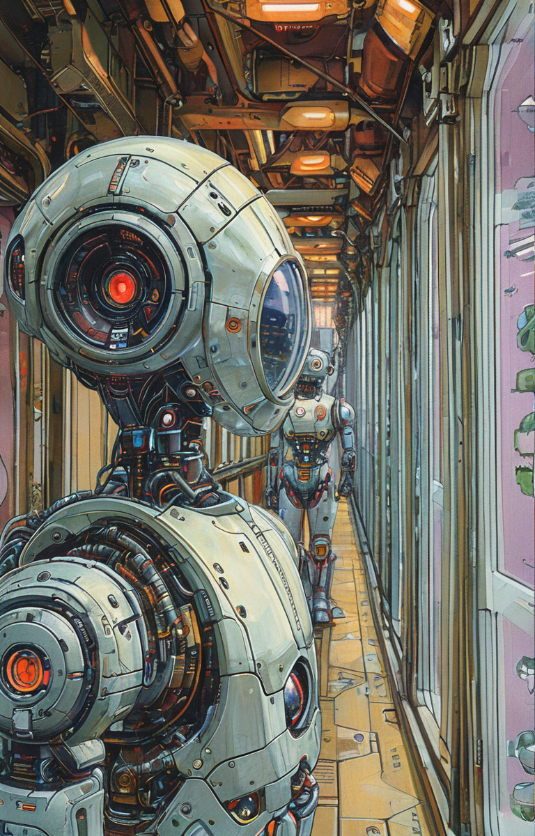 masterpiece,best quality,<lora:tbh179-sdxl:0.9>,illustration,style of David Welker, portrait of Housework robots