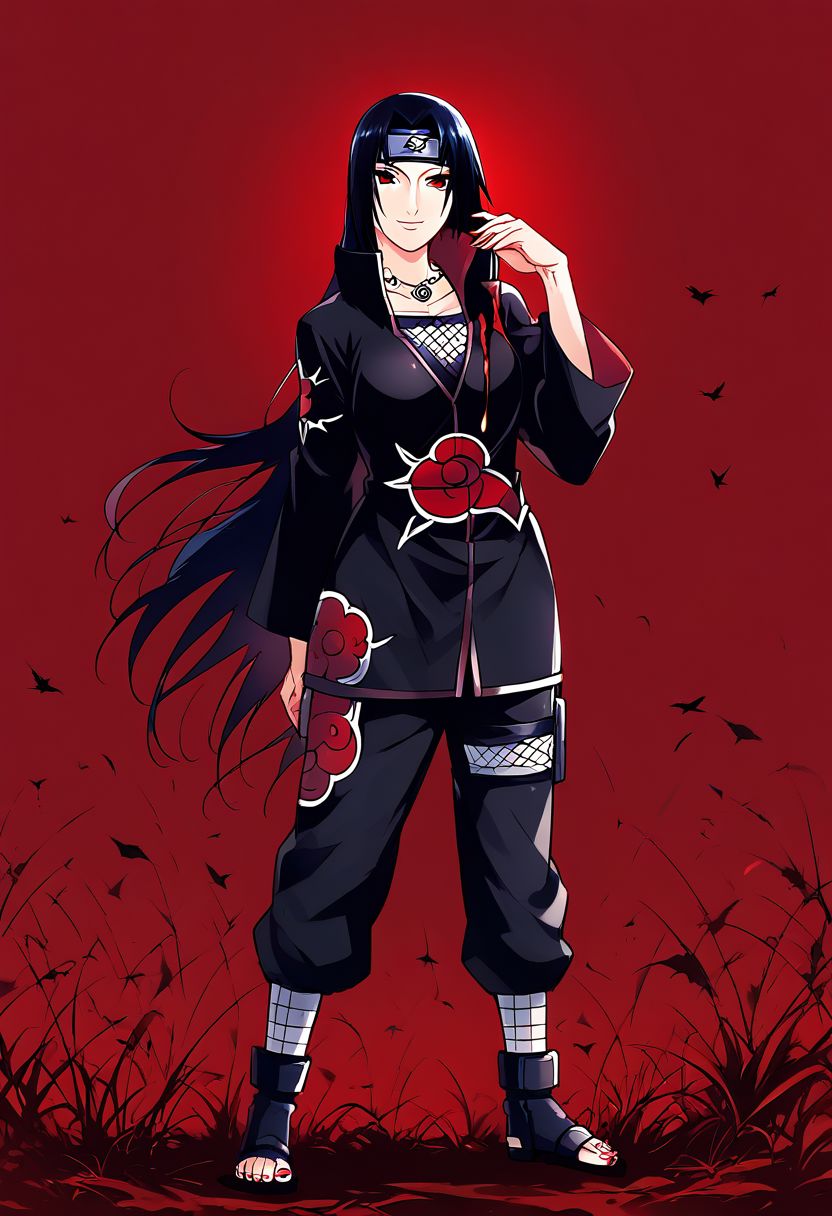 score_9, score_8_up, score_7_up, ASCII masterpiece, source_anime, BREAK, 1girl, solo, (( <lora:mikoto_uchiha :1> , mikoto_uchiha, thin waist, wide hips, beautiful skin, beautiful dark blue hair, beautiful long hair, clear eyes, piercing black eyes, bright pupils, beautiful eyes, huge and shaggy breast, beauty, extraordinary beautiful woman, attractive woman, super sexy woman, lustful body, sexy milf with seductive obscene body, sensual body, voluptuous body)) , sharingan, sharingan eyes, akatsuki uniform, akatsuki cloak, akatsuki outfit, red eyes, ninja, forehead protector, standing, hand up, necklace, evil smiling, field, red background, crows, blood, full body