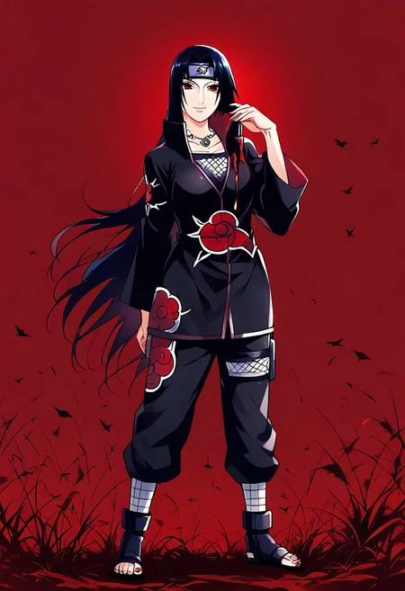 score_9, score_8_up, score_7_up, ASCII masterpiece, source_anime, BREAK, 1girl, solo, (( <lora:mikoto_uchiha :1> , mikoto_uchiha, thin waist, wide hips, beautiful skin, beautiful dark blue hair, beautiful long hair, clear eyes, piercing black eyes, bright pupils, beautiful eyes, huge and shaggy breast, beauty, extraordinary beautiful woman, attractive woman, super sexy woman, lustful body, sexy milf with seductive obscene body, sensual body, voluptuous body)) , sharingan, sharingan eyes, akatsuki uniform, akatsuki cloak, akatsuki outfit, red eyes, ninja, forehead protector, standing, hand up, necklace, evil smiling, field, red background, crows, blood, full body