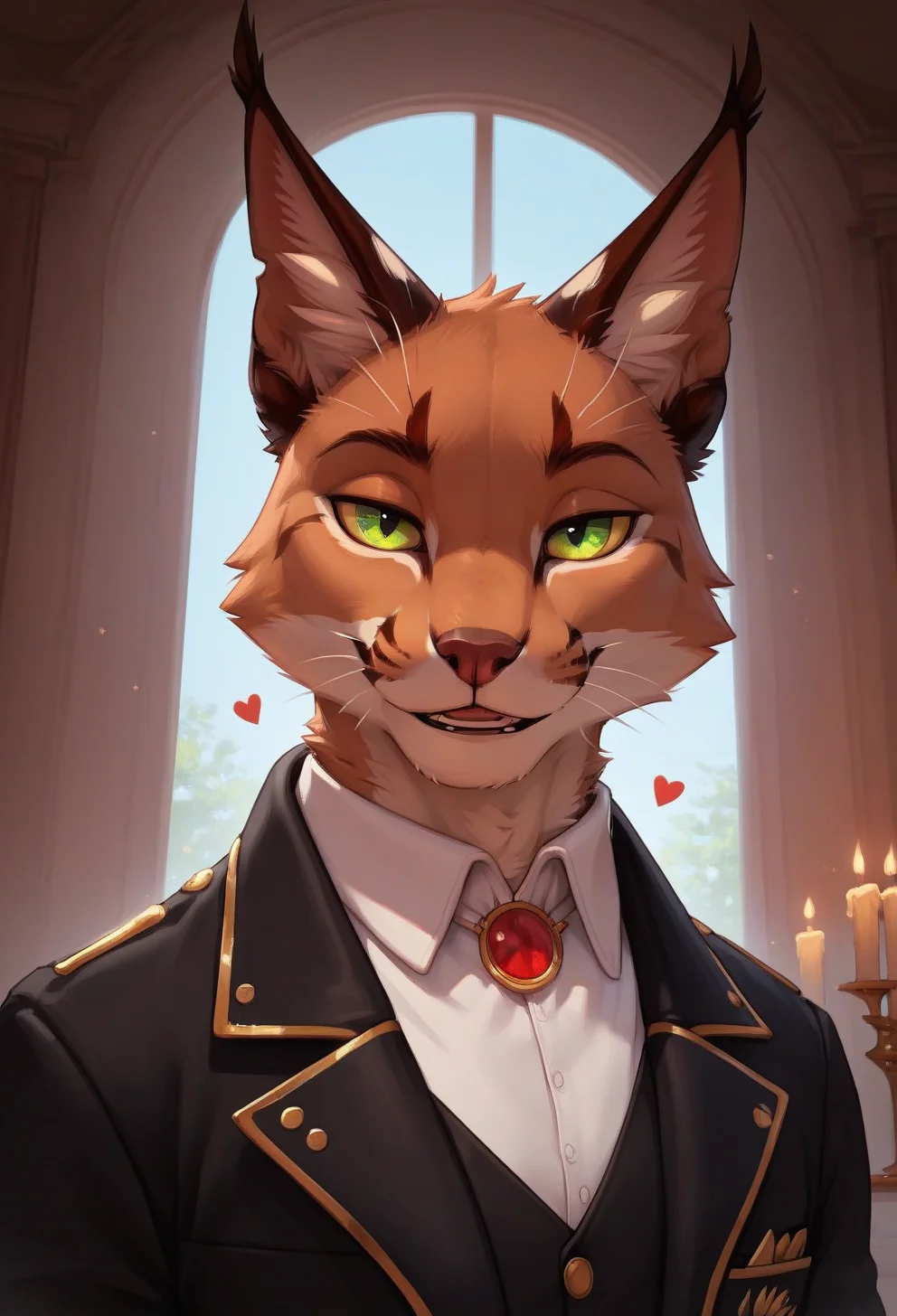 score_9, score_8_up, score_7_up, score_6_up, 1anthro,  male, , furry, detailed fur, anthro, eyes, , perfect face, detailed eyes, perfect eyes, sexy, sexy boy, beautiful eyes, perfect cute face, petite body, face focus, low angle, close up, looking at viewer,  face focus, indoors, dinner party, ballroom, palace, nighttime, dark, candles, candlelight, evening, upper body, 
 floating hearts,
seductive pose, enticing viewer, horny, horny expression, horny face, smile, seductive smile, horny smile, lustful, lusting after viewer, 
detailed eyes, perfect eyes, beautiful eyes, , bedroom eyes, detailed eyes, perfect eyes, beautiful eyes, , detailed fur, tail, eyes, realistic fur, , solo, 1 boy, young, (((handsome, detailed face and eyes))), tail, whiskers, facial hair, caracal, white undershirt, feline, jewelry, furry, green eyes, shirt, Kadaj_Lyre, 1boy, solo, furry male, animal ears, bedroom background, collared shirt, Kadaj, male focus, black trousers, brown fur, gold trim, colored sclera, black formal wear, tan fur, jacket, cat tail, black pupils, <lora:Kadaj_-_Lyre:0.4><lora:CleanDetailed_Eyes:0.25>
tail, uncensored,
<lora:princess_xl_v1:1> <lora:Expressive_H:0.65> <lora:g0th1cPXL:0.45> <lora:incase-ilff-v3-4:0.3>