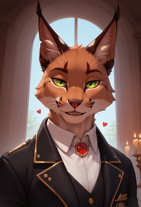score_9, score_8_up, score_7_up, score_6_up, 1anthro, male, , furry, detailed fur, anthro, eyes, , perfect face, detailed eyes, perfect eyes, sexy, sexy boy, beautiful eyes, perfect cute face, petite body, face focus, low angle, close up, looking at viewer, face focus, indoors, dinner party, ballroom, palace, nighttime, dark, candles, candlelight, evening, upper body,
floating hearts,
seductive pose, enticing viewer, horny, horny expression, horny face, smile, seductive smile, horny smile, lustful, lusting after viewer,
detailed eyes, perfect eyes, beautiful eyes, , bedroom eyes, detailed eyes, perfect eyes, beautiful eyes, , detailed fur, tail, eyes, realistic fur, , solo, 1 boy, young, (((handsome, detailed face and eyes))), tail, whiskers, facial hair, caracal, white undershirt, feline, jewelry, furry, green eyes, shirt, Kadaj_Lyre, 1boy, solo, furry male, animal ears, bedroom background, collared shirt, Kadaj, male focus, black trousers, brown fur, gold trim, colored sclera, black formal wear, tan fur, jacket, cat tail, black pupils, <lora:Kadaj_-_Lyre:0.4><lora:CleanDetailed_Eyes:0.25>
tail, uncensored,
<lora:princess_xl_v1:1> <lora:Expressive_H:0.65> <lora:g0th1cPXL:0.45> <lora:incase-ilff-v3-4:0.3>