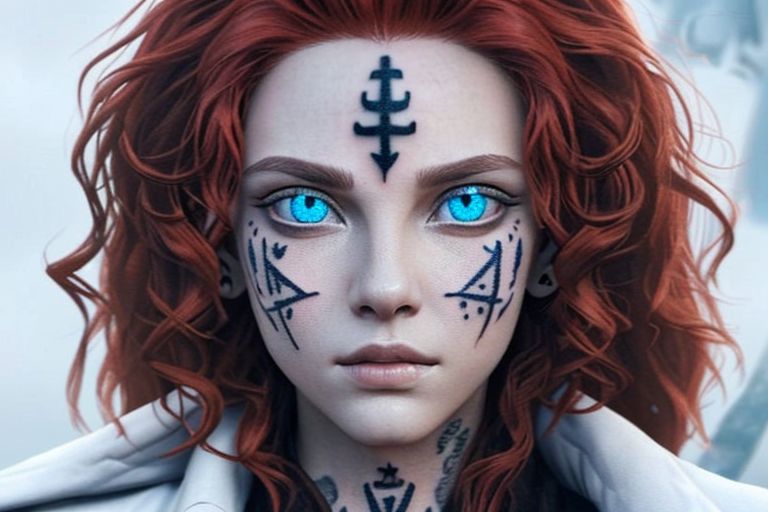 bright red hair, human female, (feminine:1.7), (beautiful face, detailed face:1.6), (beautiful eyes, detailed eyes:1.7), (looking at viewer, eye contact, intense:1.6), (long hair, red hair, curly hair:1.3), , ((masterpiece, best quality, high resolution, realistic, best quality,)), photo realistic, Perfect Face, (detailed face). <lora:GoodHands-vanilla:0.6> <lora:add-detail-xl:0.8>, mage, (Dress White military uniform coat), dagger, rune dagger, glowing runes, , (((glowing magic symbols tattoos, religious tattoos))), ((face tattoos)), glowing tattoos, stone tower in the background