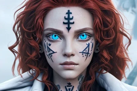 bright red hair, human female, (feminine:1.7), (beautiful face, detailed face:1.6), (beautiful eyes, detailed eyes:1.7), (looking at viewer, eye contact, intense:1.6), (long hair, red hair, curly hair:1.3), , ((masterpiece, best quality, high resolution, realistic, best quality,)), photo realistic, Perfect Face, (detailed face). <lora:GoodHands-vanilla:0.6> <lora:add-detail-xl:0.8>, mage, (Dress White military uniform coat), dagger, rune dagger, glowing runes, , (((glowing magic symbols tattoos, religious tattoos))), ((face tattoos)), glowing tattoos, stone tower in the background