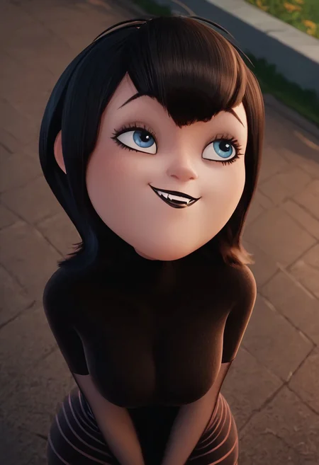 score_9, score_8_up, score_7_up, ultra quality, solo, 1girl, black hair, short hair, blue eyes, fangs, black lips, black nails, black dress, grey elbow gloves, striped pantyhose, red sneakers, smug smile, hips focus, breasts, big hips, big butt, bubble butt, curvy, narrow waist, standing, looking to the viewer, view from above, close up, screencap