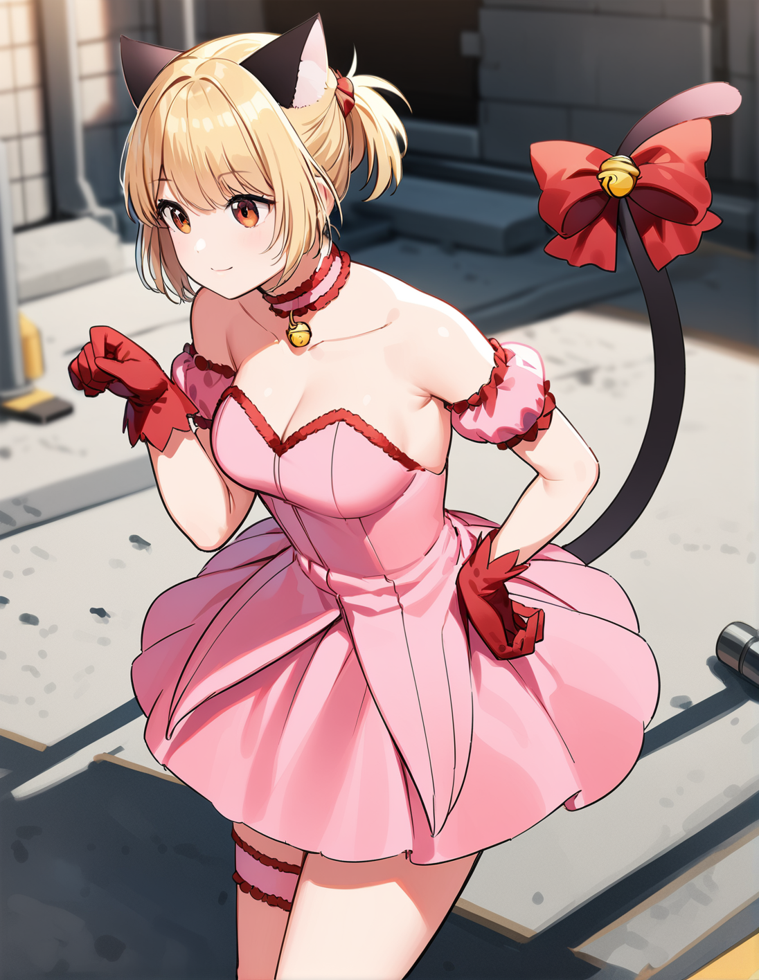 1girl, solo,  <lora:sdxl-lyco-mew_ichigo-cosplay-animagine_xl_3_1-AdamW8bit-v1-1-1:1:lbw=0,0,0,0,0,0,0,0,1,1,0,0,0,0,1,1,1,0,0,0,0,0,0,0,0,0>, mew_ichigo_cosplay, short ponytail, blonde hair,   , tail bow, gloves, cat tail, red gloves, tail bell, choker, detached sleeves,pink dress, strapless, relaxed posture, elbows extended, standing,  ,,smile, best quality, very aesthetic, ultra-detailed, intricate details, 4k,BREAK  on a construction site