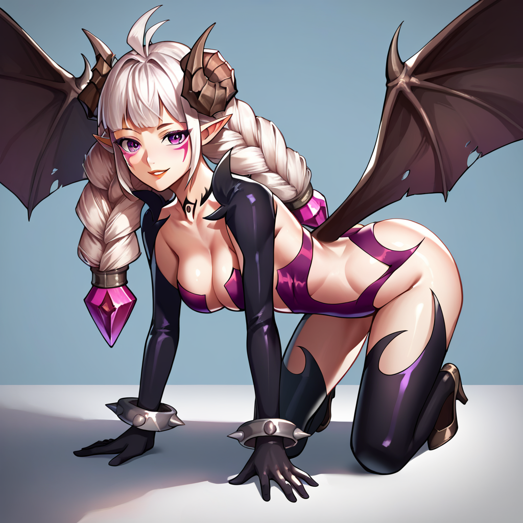 score_9, score_8_up, score_7_up, score_6_up, uncensored, detailed eyes, perfect eyes, extremely detailed CG, extremely detailed face, perfect face, detailed Lora, best quality, source_anime, masterpiece, beautiful eyes, beautiful face, detailed eyes ,high resolution, distinct image BREAK  <lora:Dungeon Fighter Online_Nyarly:1>DNF_Forbidden_Nyarly, 1girl, solo, horns, wings, pointy ears, demon girl, purple eyes, white hair, twin braids, braid, long hair, gloves, thighhighs, high heels,  all fours, seductive smile, looking at viewer