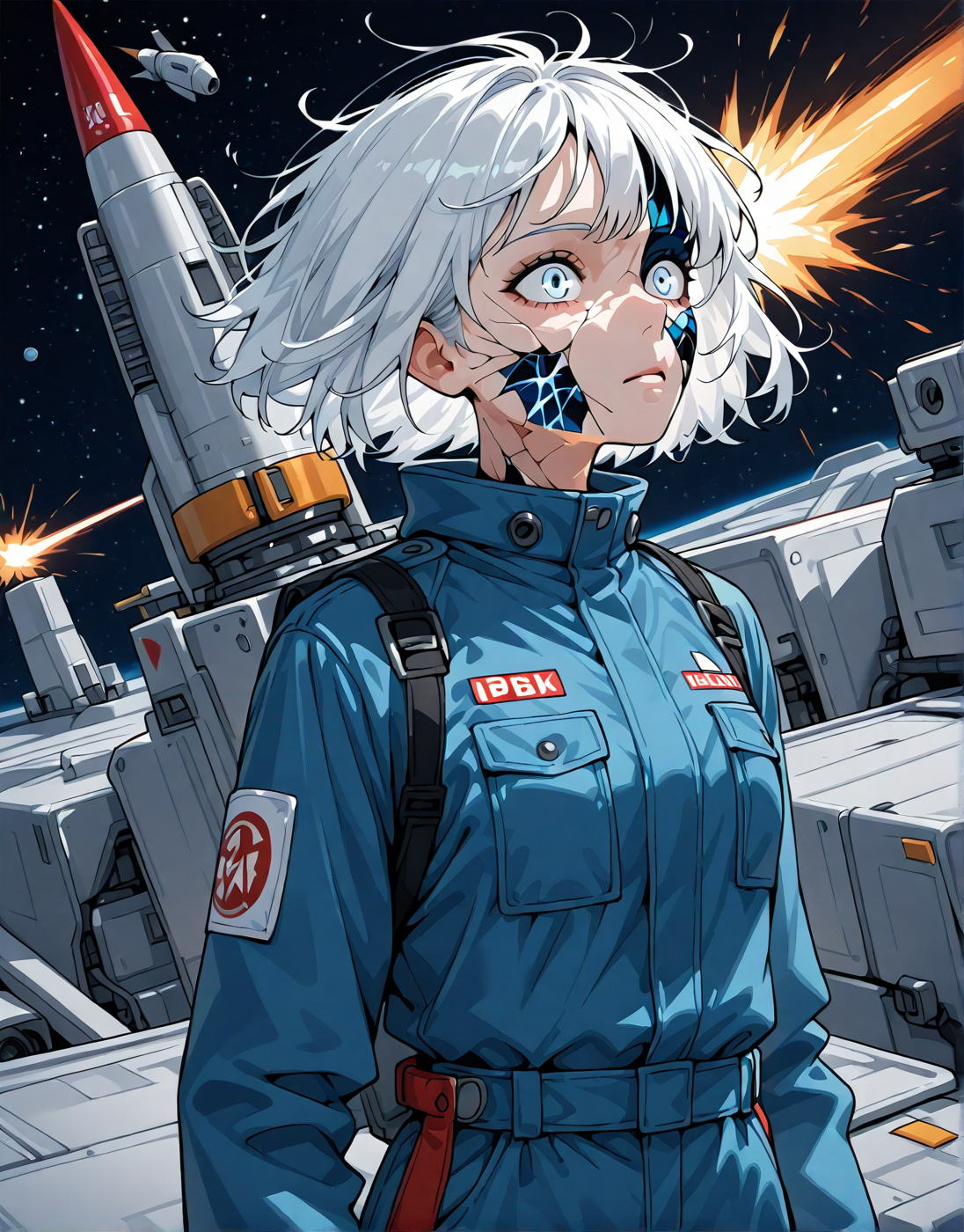 girl,white hair,blue jumpsuit,rocket, space,cracked skin,detailed face, high quality,8k,face_up,realism  <lora:ya_cracked_skin :1>