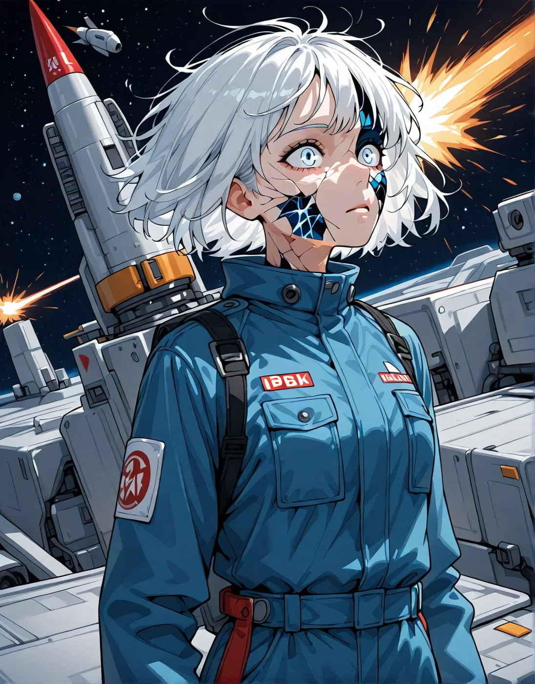 girl,white hair,blue jumpsuit,rocket, space,cracked skin,detailed face, high quality,8k,face_up,realism <lora:ya_cracked_skin :1>