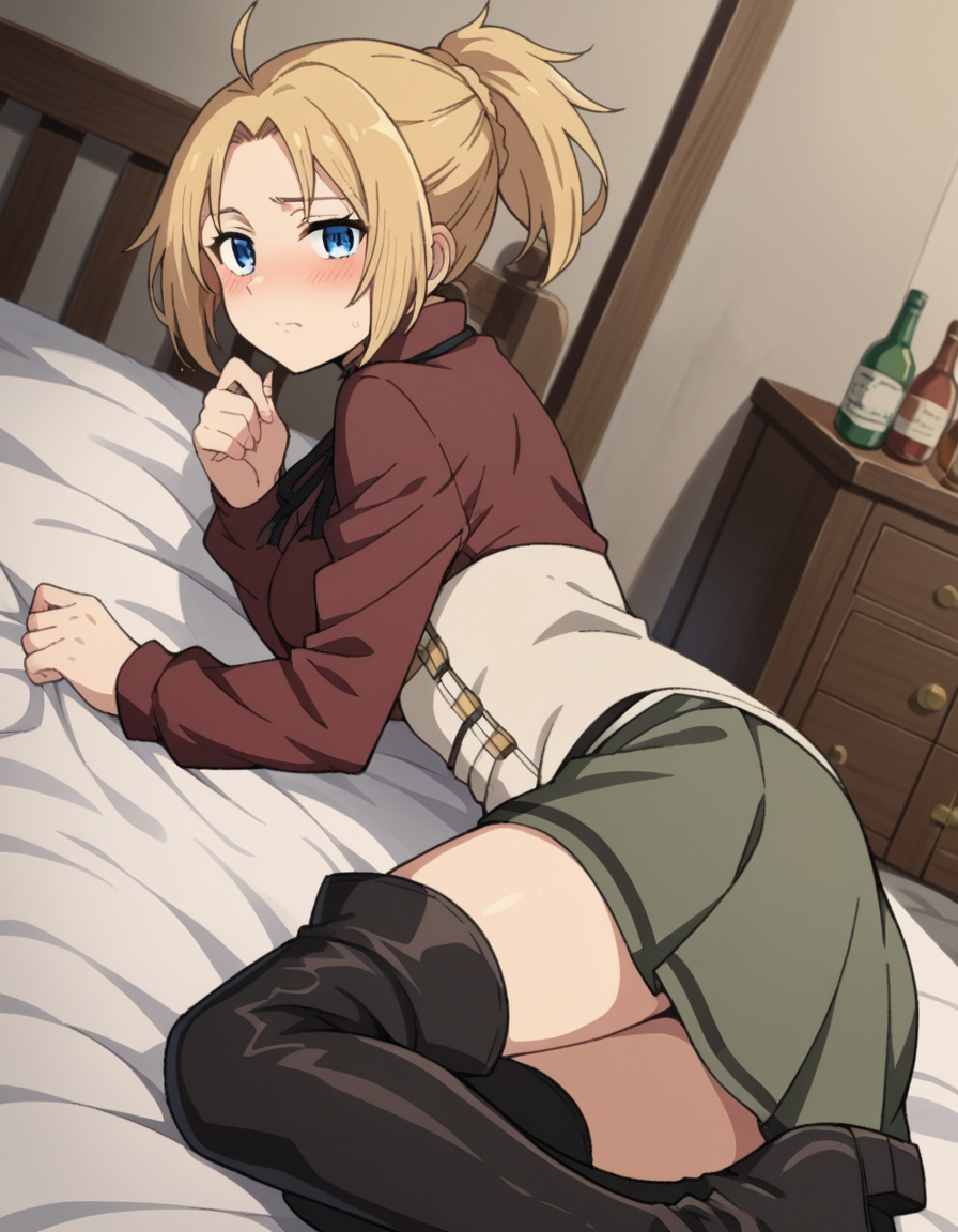score_9, score_8_up, score_7_up, source_anime,
zenithgreyrat, <lora:zenith-greyrat-s1-ponyxl-lora-nochekaiser:1>,
zenith greyrat, short hair, blonde hair, blue eyes, ponytail, ahoge,
skirt, shirt, thighhighs, long sleeves, ribbon, boots, black thighhighs, thigh boots, brown shirt,
indoors, bed, bed room, on side, blush, drunk,
looking at viewer, dutch angle, cowboy shot,